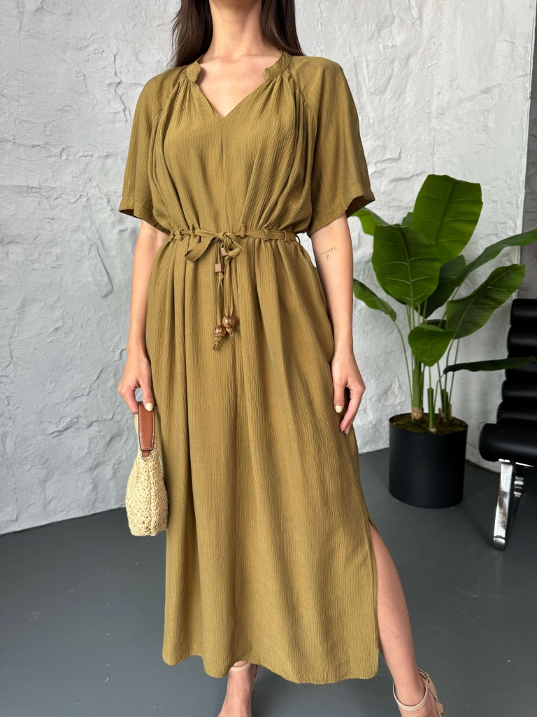 Olive Boncuk Kemerli Kısa Kollu Elbise EY-3305-OLİVE