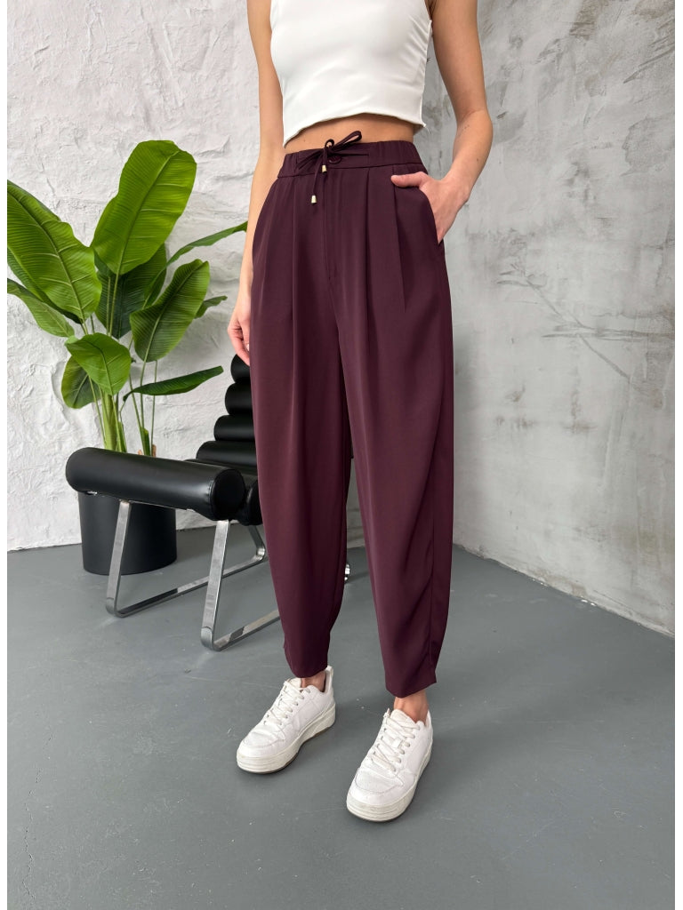 Mürdüm Beli İp Detaylı Pileli Pantolon 51111-MÜRDÜM