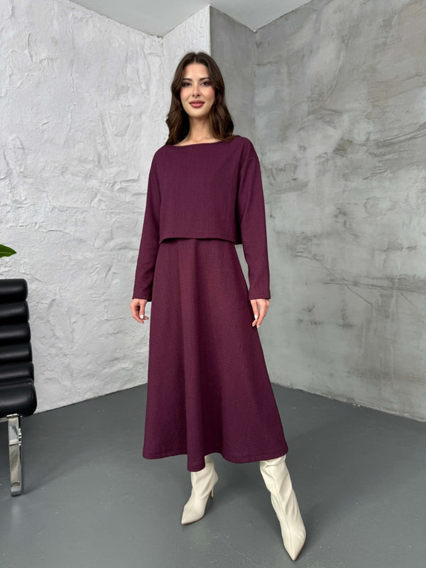 Mürdüm Bluzlu Elbise İkili Takım 7634-Mürdüm