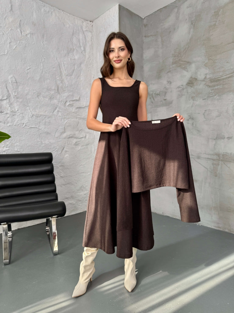 Kahve Bluzlu Elbise İkili Takım 7634-Kahve