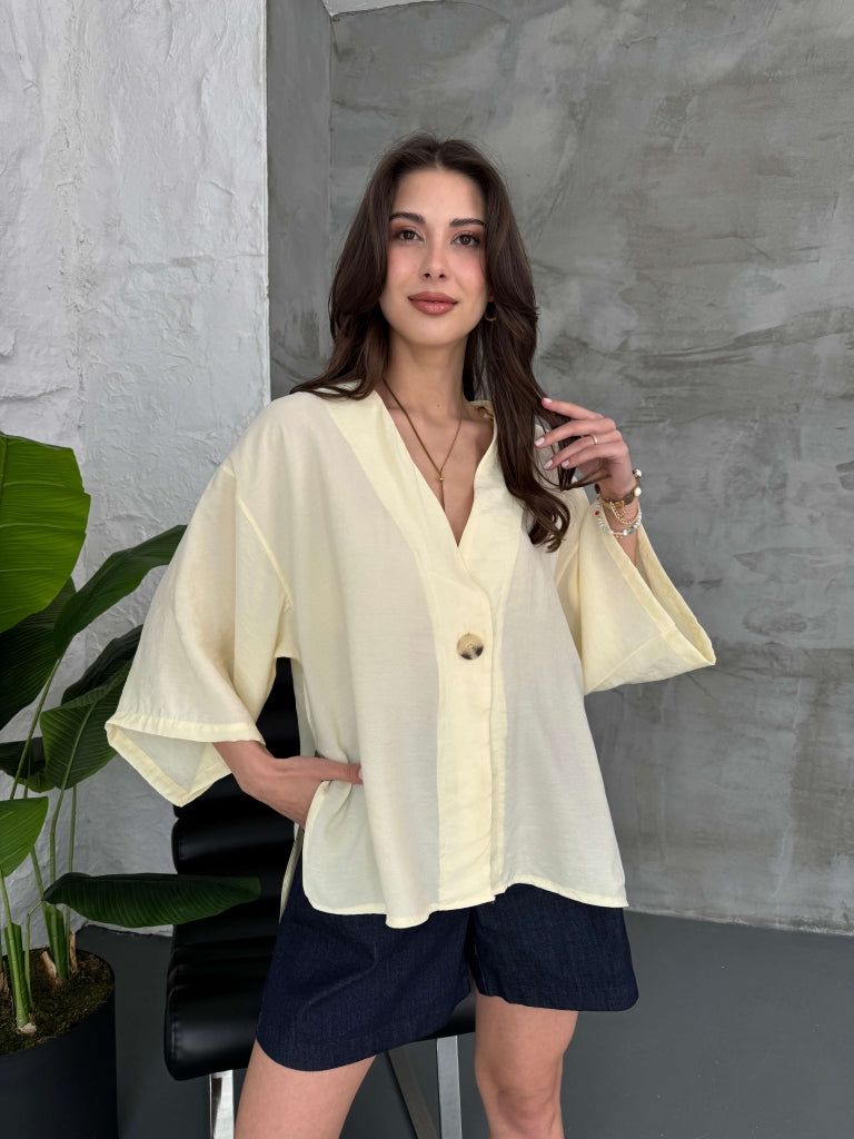 Sarı Tek Düğmeli Bluz 4961-Sarı