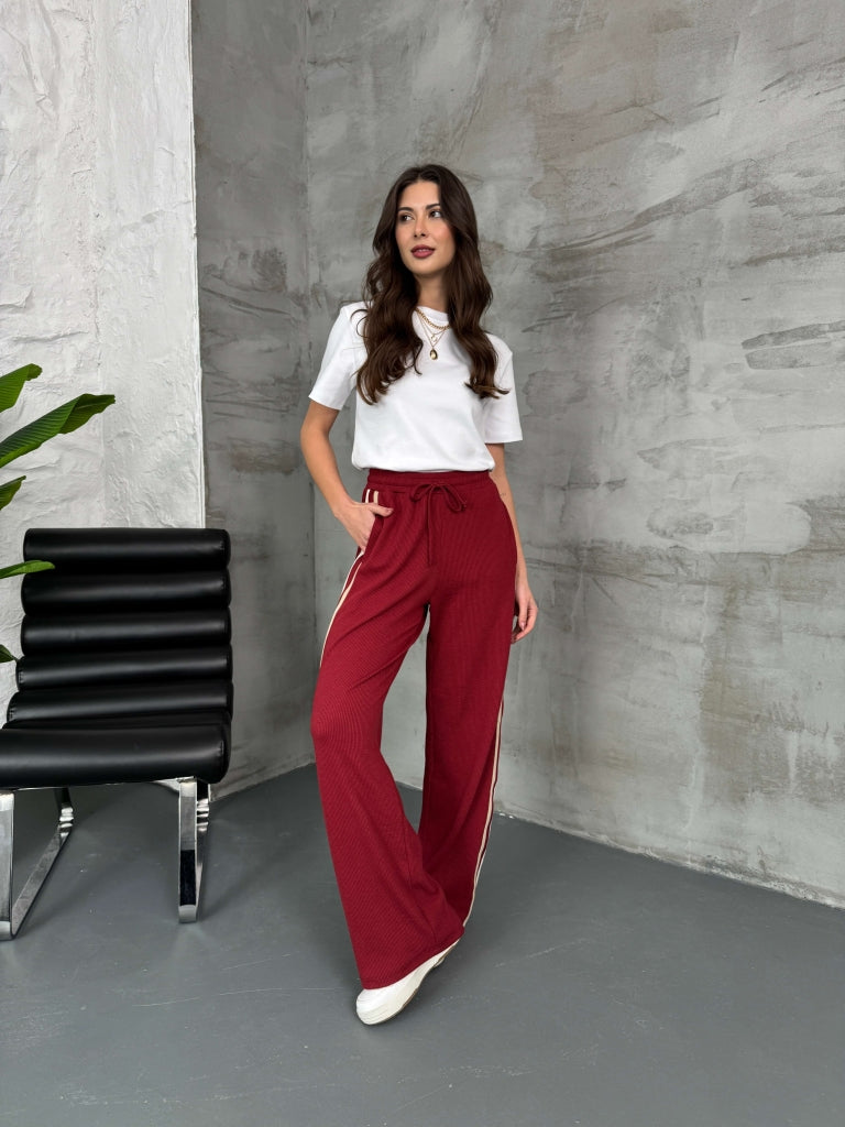 Bordo Yan Şeritli Bel Lastikli Pantolon 80147-Bordo