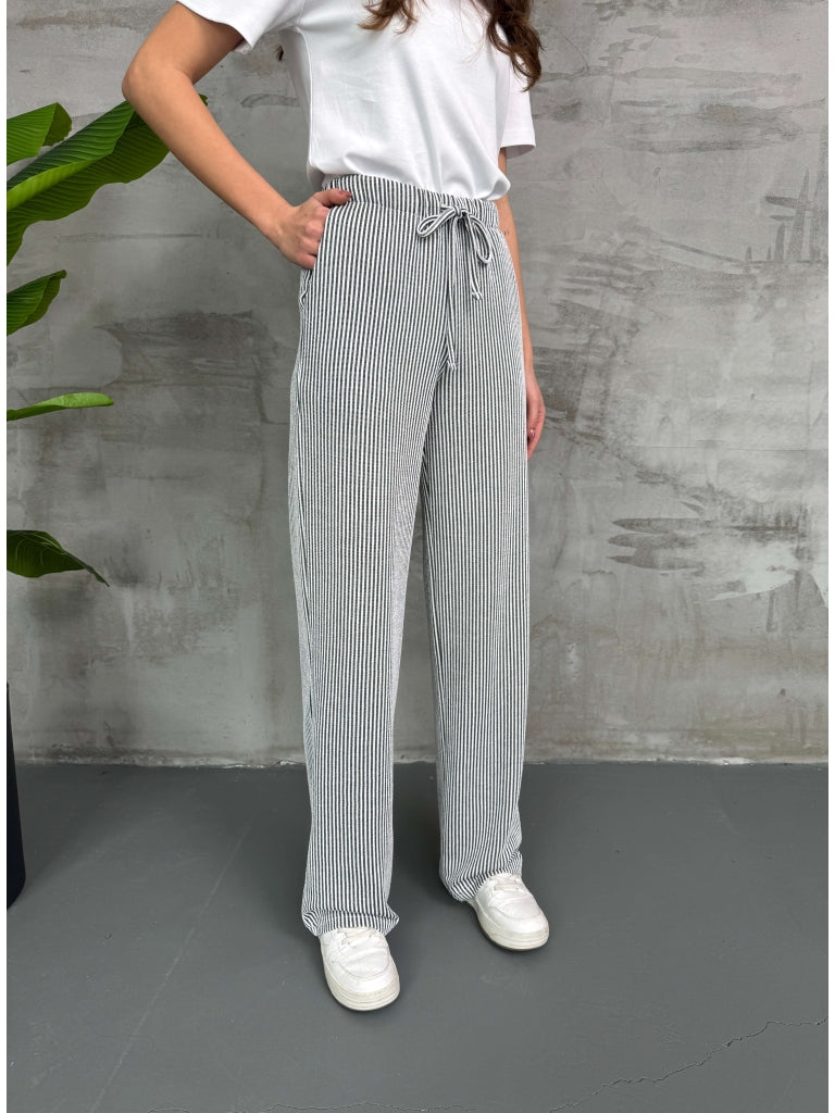 Siyah Çizgili Bel Lastikli Pantolon 80146-Siyah