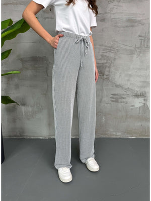 Siyah Çizgili Bel Lastikli Pantolon 80146-Siyah