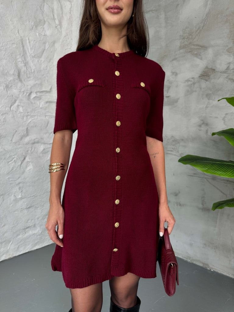 Bordo Kısa Kol Gold Düğmeli Triko Elbise 0159-Bordo