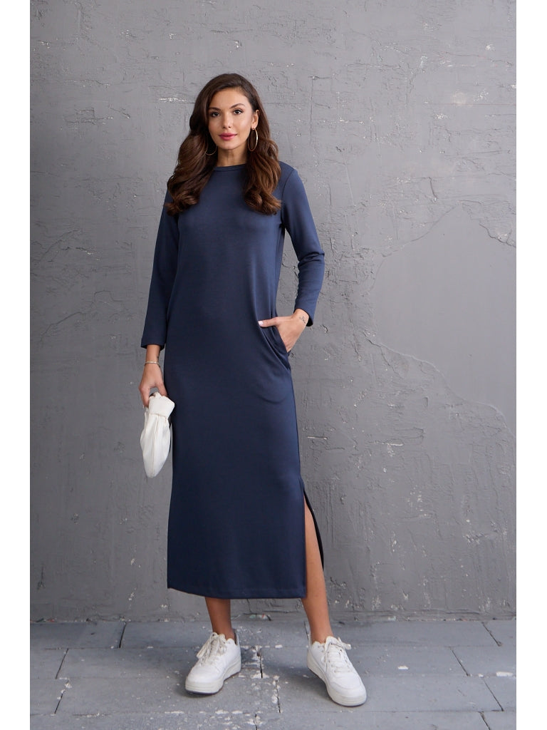 Füme Uzun Kol Yırtmaçlı Modal Elbise EY2218-Füme