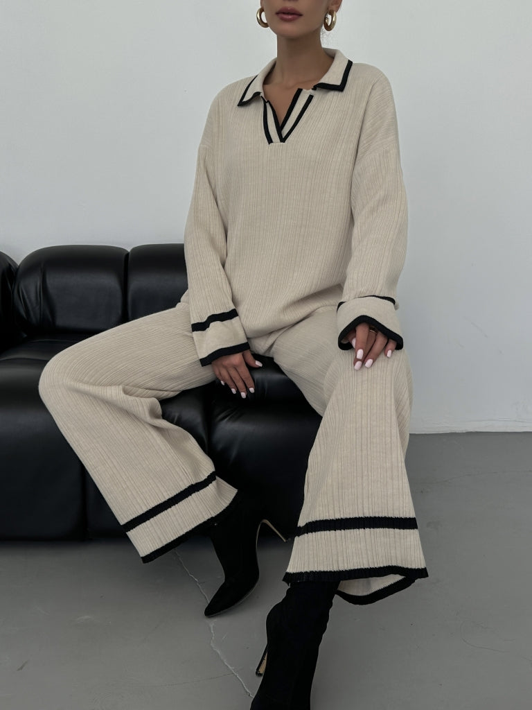 Taş Polo Yaka Çizgili Triko Takım 0282-TAŞ