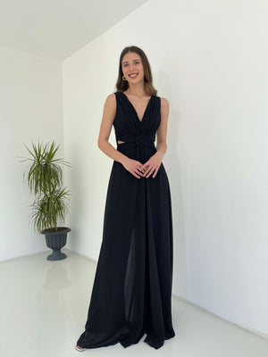 Siyah Kemer Detaylı Abiye Tulum 1300-Siyah