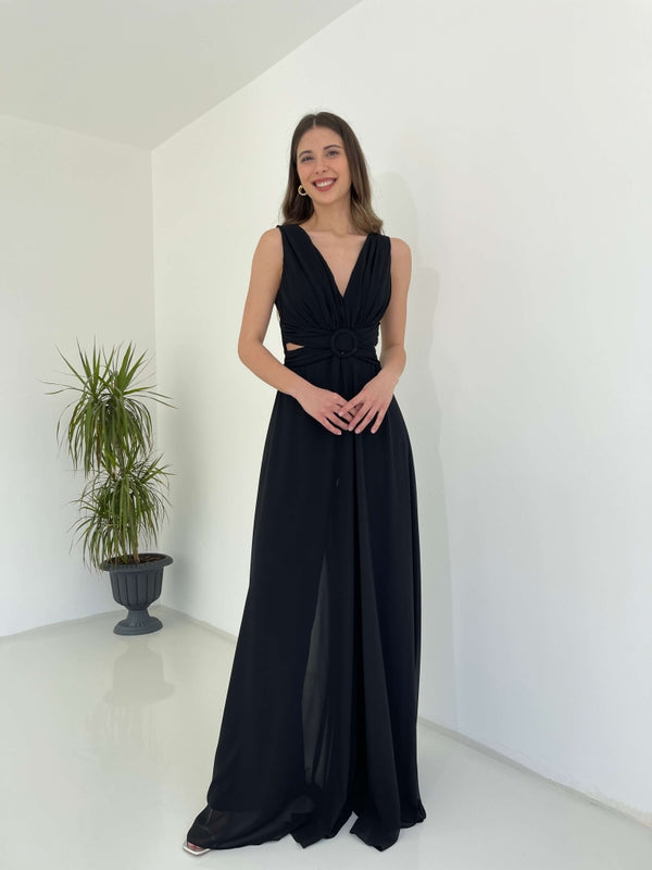 Siyah Kemer Detaylı Abiye Tulum 1300-Siyah