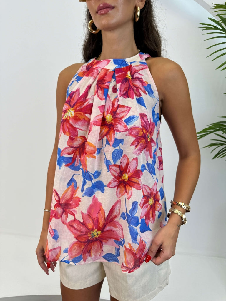 Pembe Çiçekli Halter Yaka Bluz 28959
