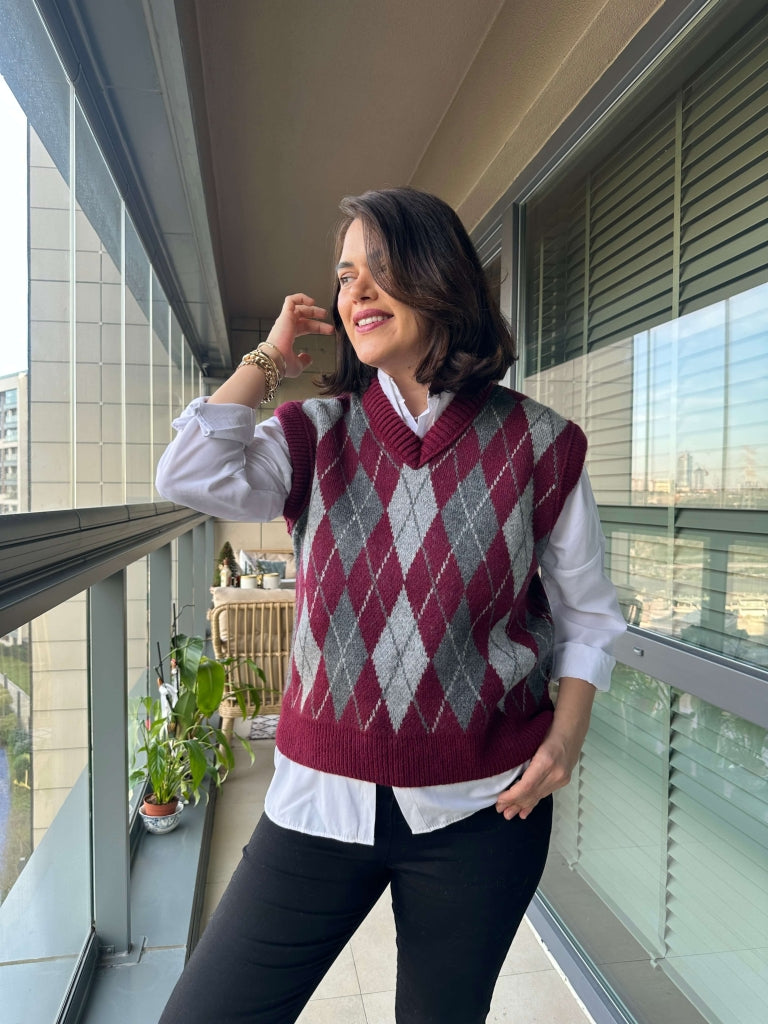 Bordo Baklava Desen Trend Süveter 2348-BORDO
