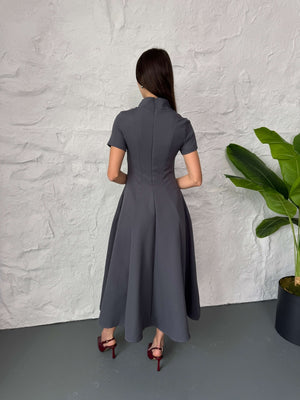 Füme Fermuar Detaylı Maxi Boy Elbise 580264-Füme