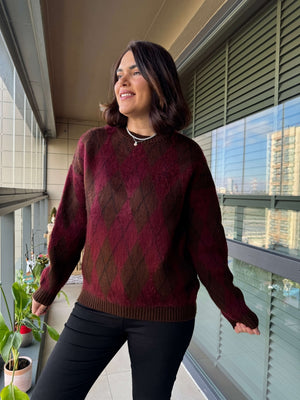 Bordo Kahverengi Baklava Desenli Kazak EY0088-Bordo Kahve