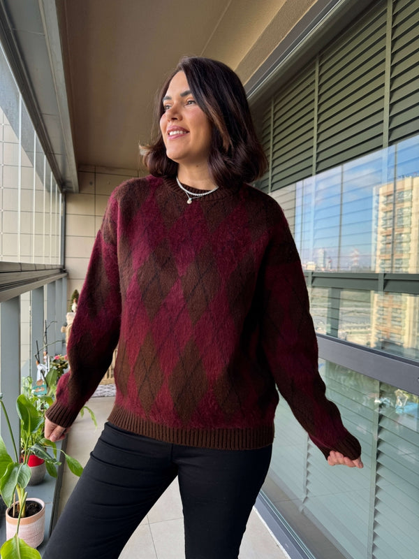 Bordo Kahverengi Baklava Desenli Kazak EY0088-Bordo Kahve