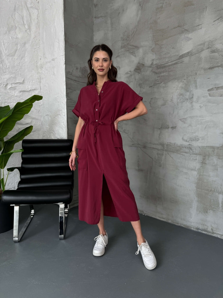 Bordo Kargo Cepli Tensel Elbise 70316-Bordo