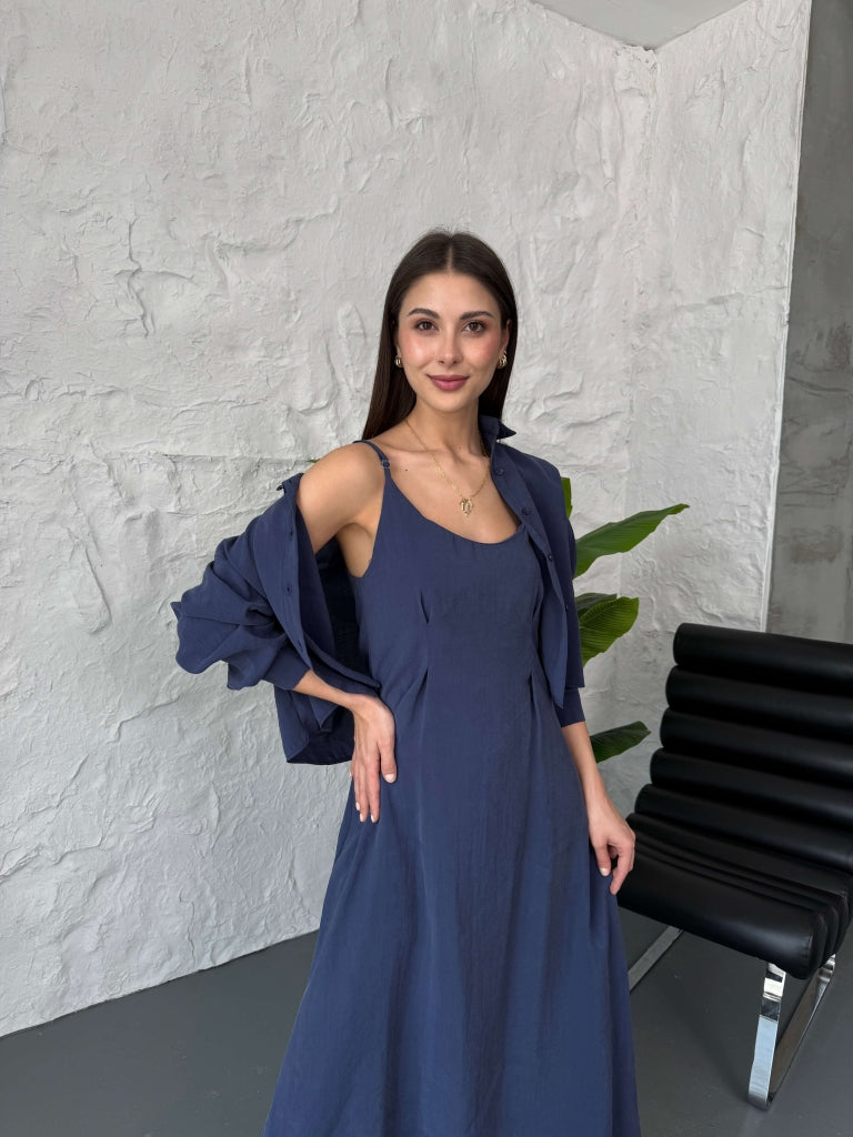 Lacivert İp Askılı Elbise Gömlek Takım 51153-LACİ