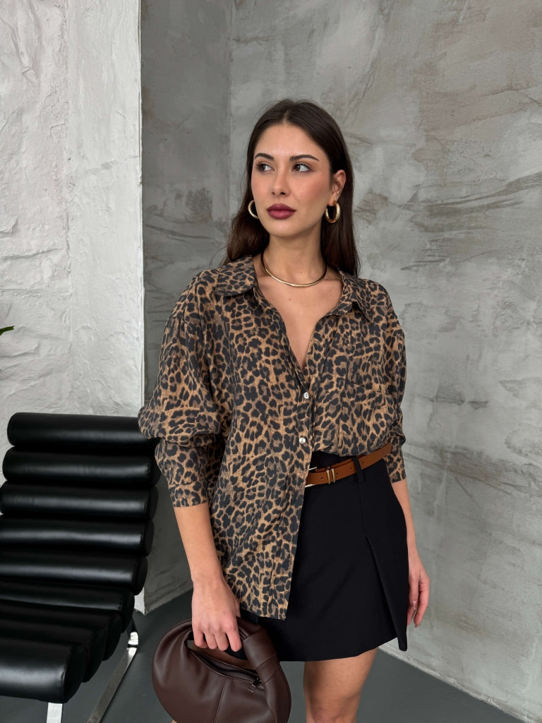 Kahve Leopar Dökümlü Gömlek EY4954-KAHVE