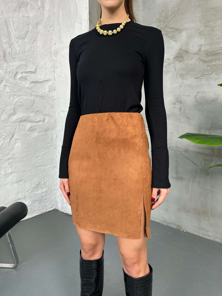 Taba Yırtmaçlı Süet Etek 29273-Taba