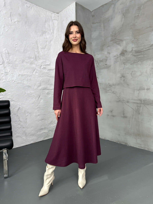 Mürdüm Bluzlu Elbise İkili Takım 7634-Mürdüm