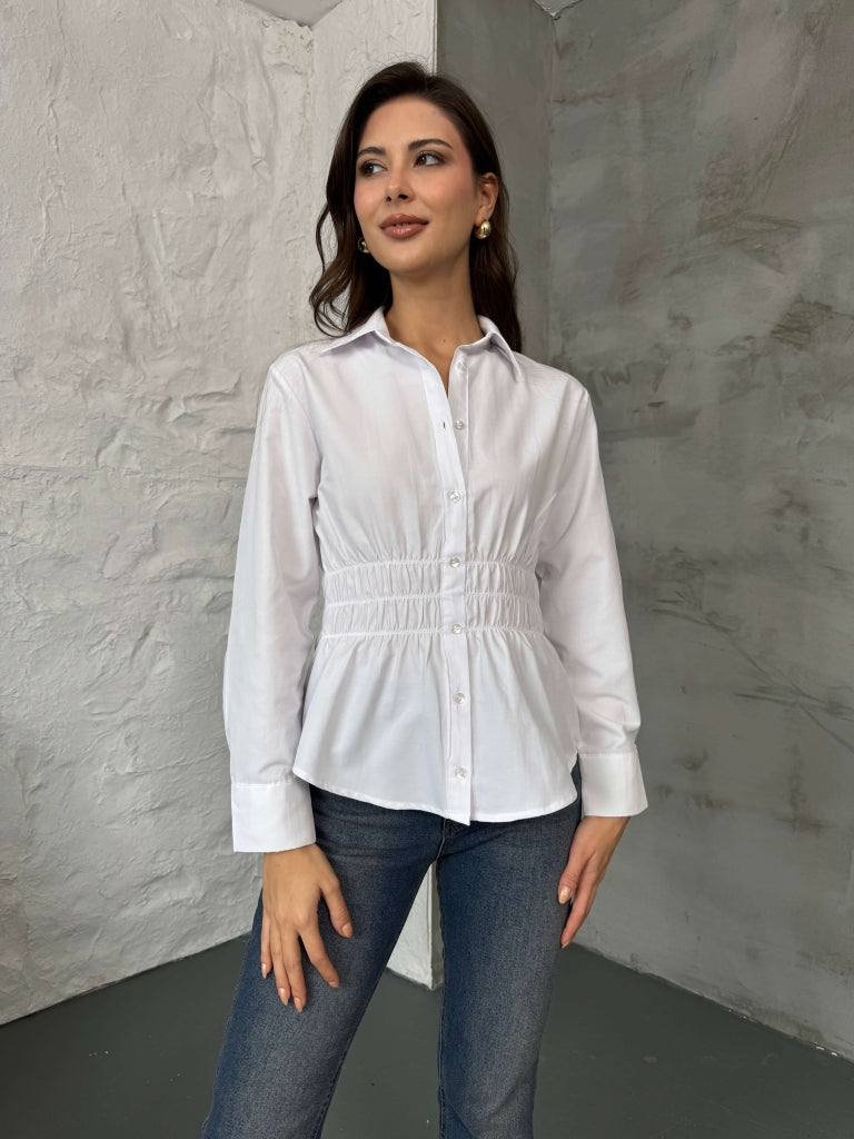 Beyaz Bel Lastikli Gömlek 3192-Beyaz