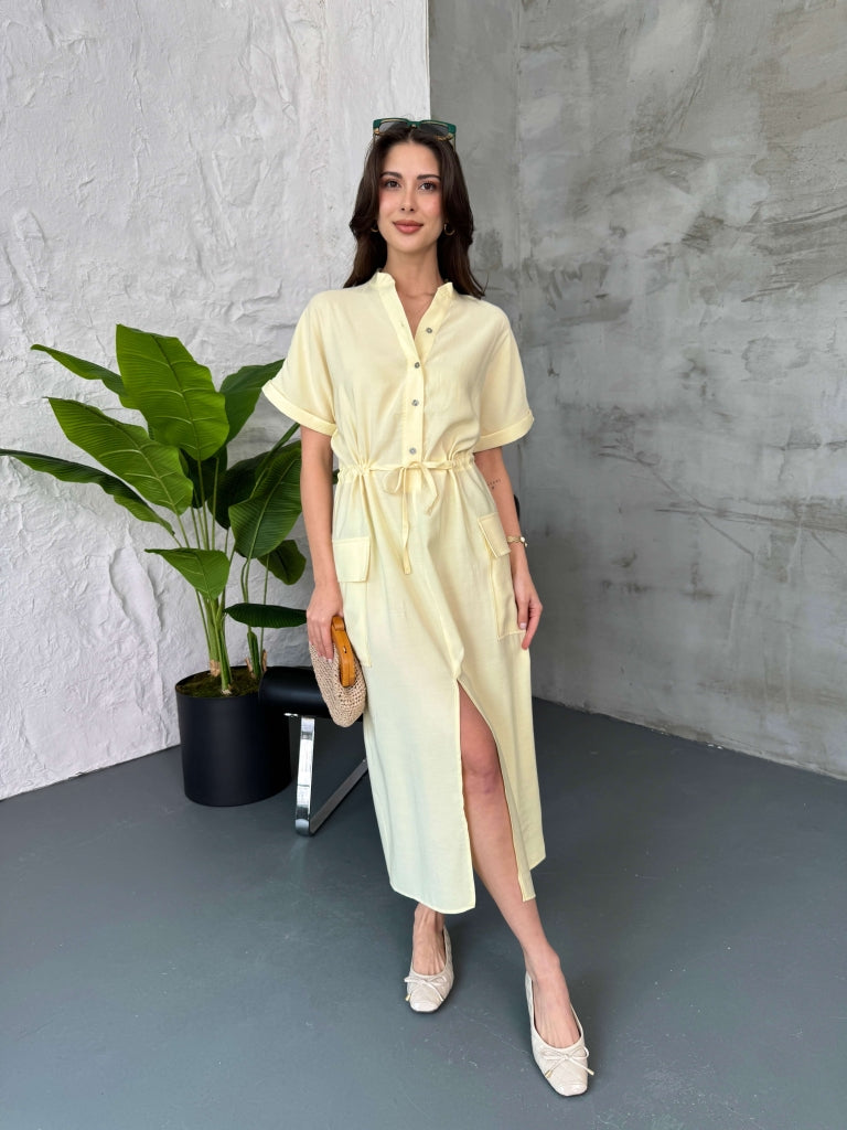 Sarı Kargo Cepli Tencel Elbise 70316-Sarı