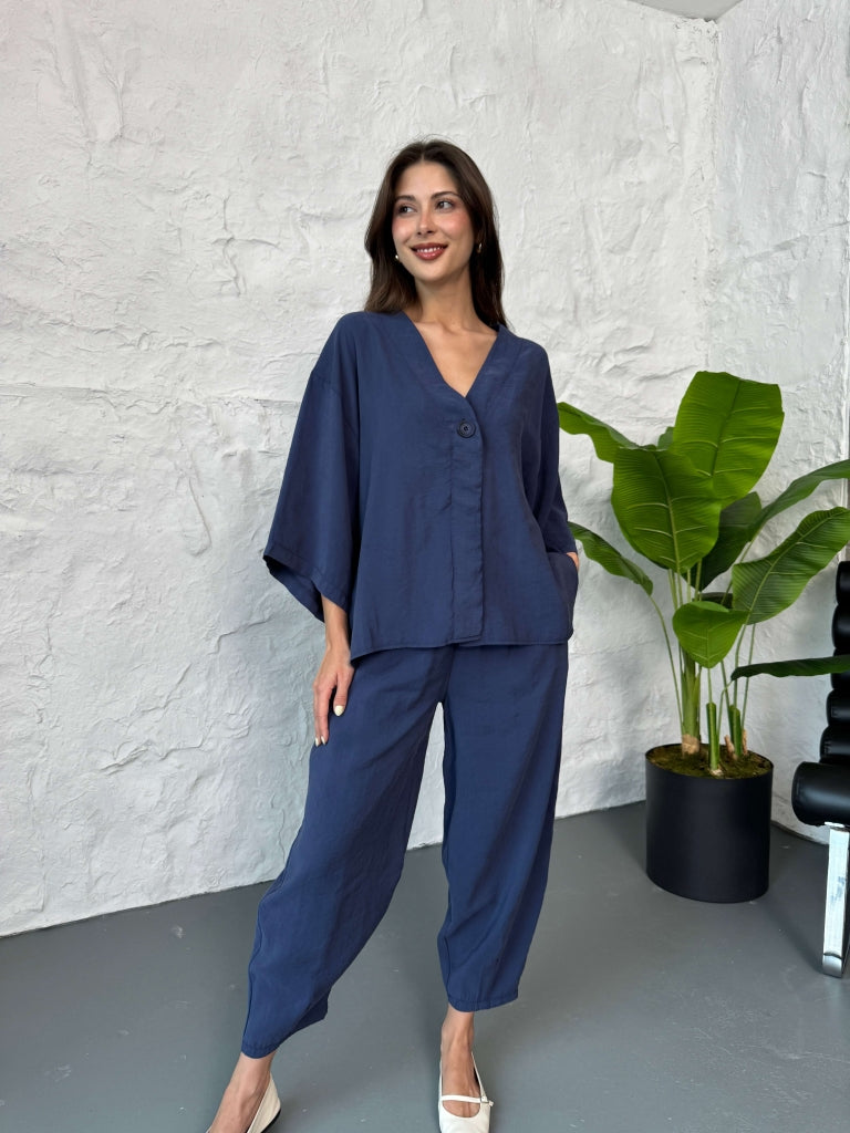 Lacivert Tek Düğmeli Bluz Pantolon Takım 51189-Lacivert