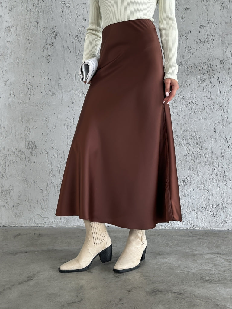 Kahve Uzun Saten Etek 10378-KAHVE