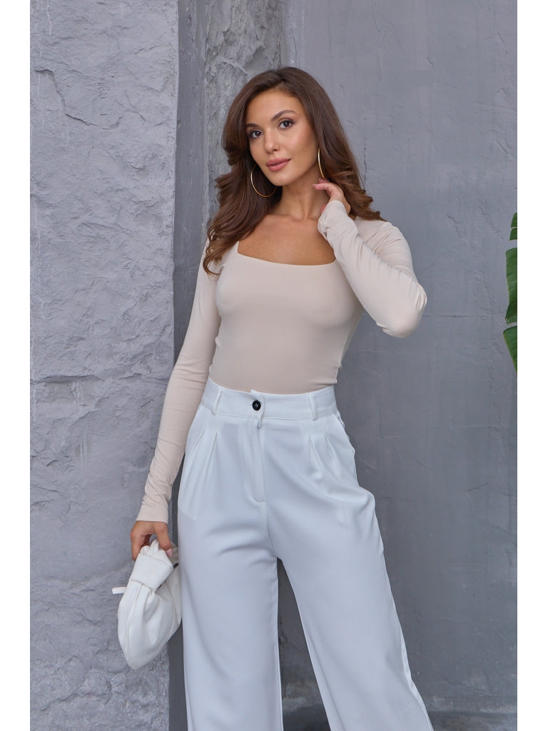 Bej Kare Yaka Crop Bluz 1375-Bej