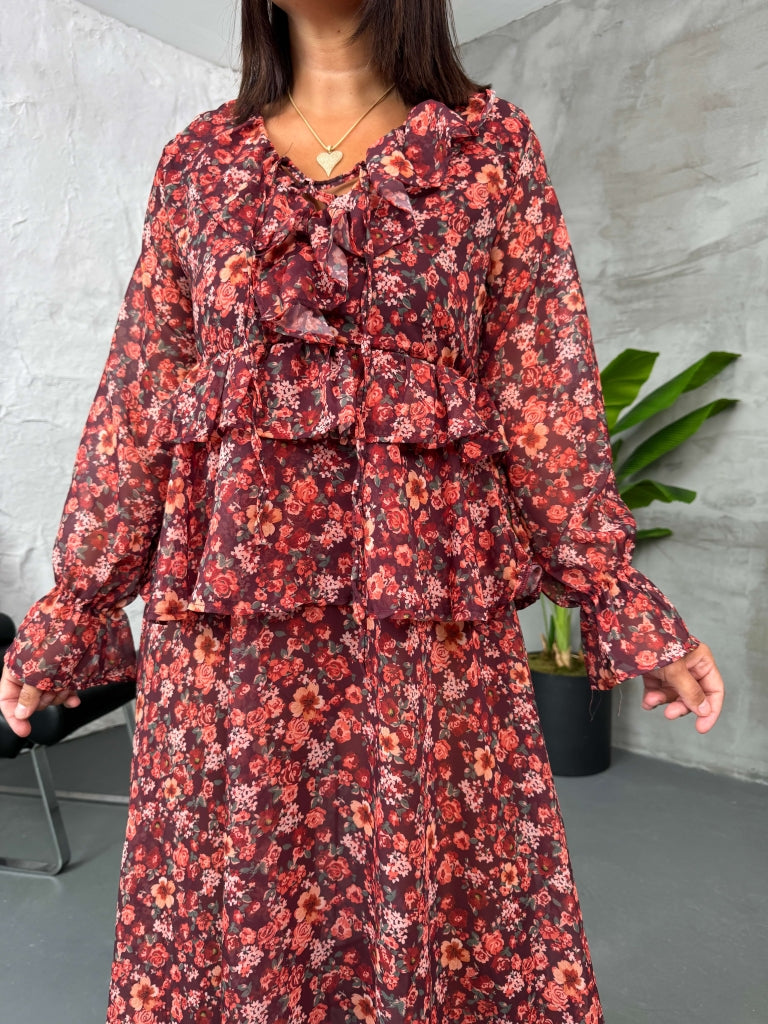 Premium Doku Fırfırlı Maxi Elbise 1004-Orange