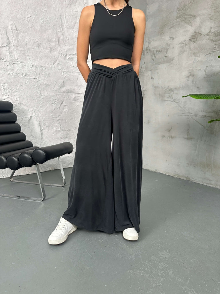 Füme Beli Çapraz Detay Modal Pantolon 30272-Füme