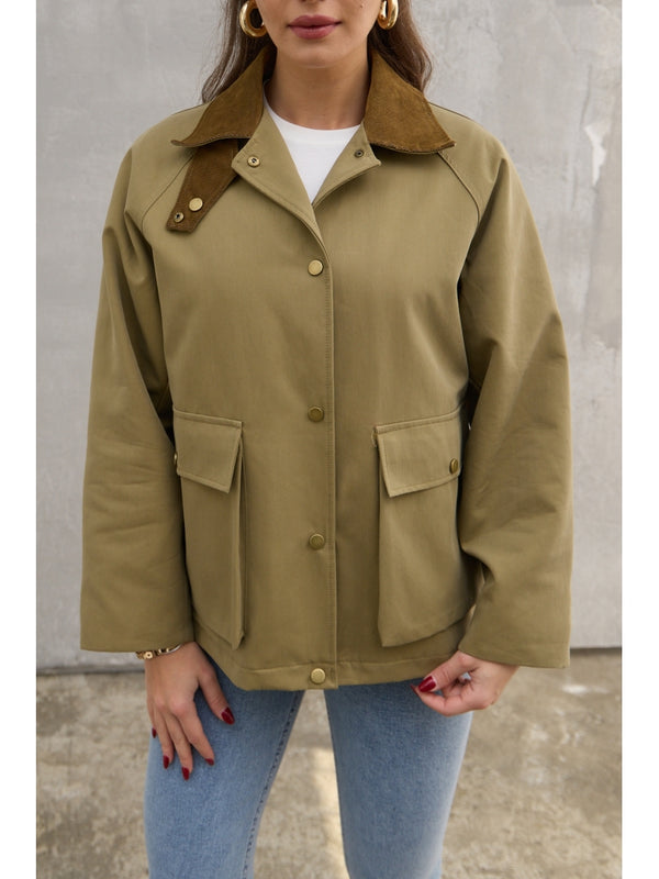 Haki Kadife Yaka Kısa Mont 0213-HAKİ