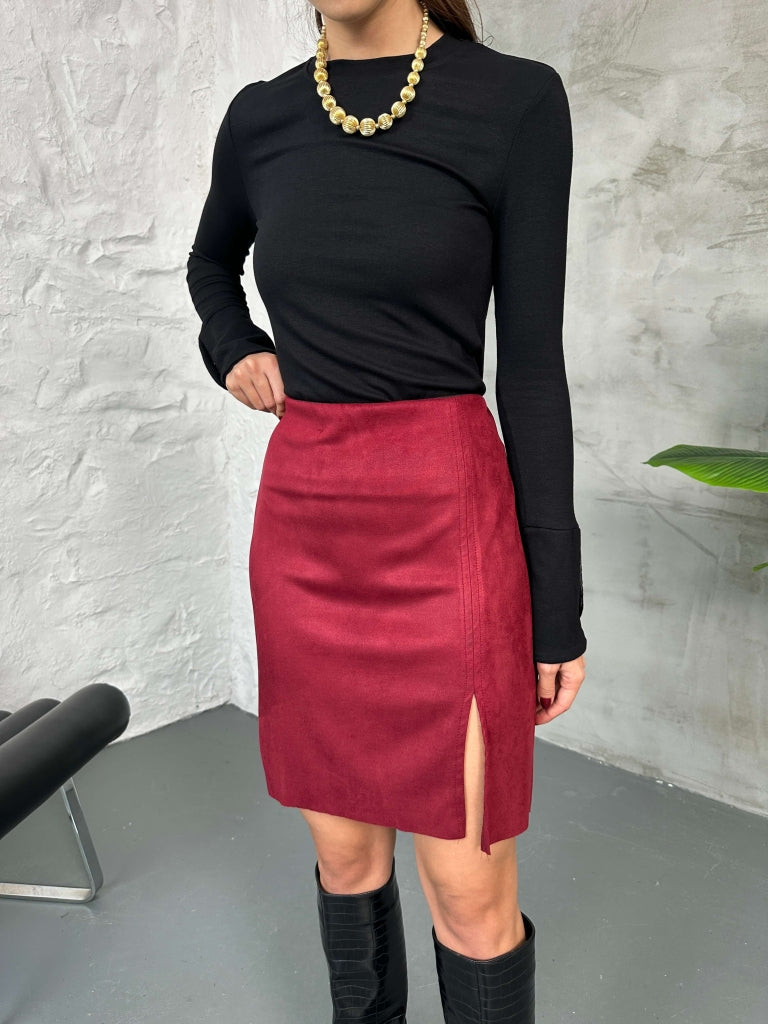 Bordo Yırtmaçlı Süet Etek 29273-Bordo