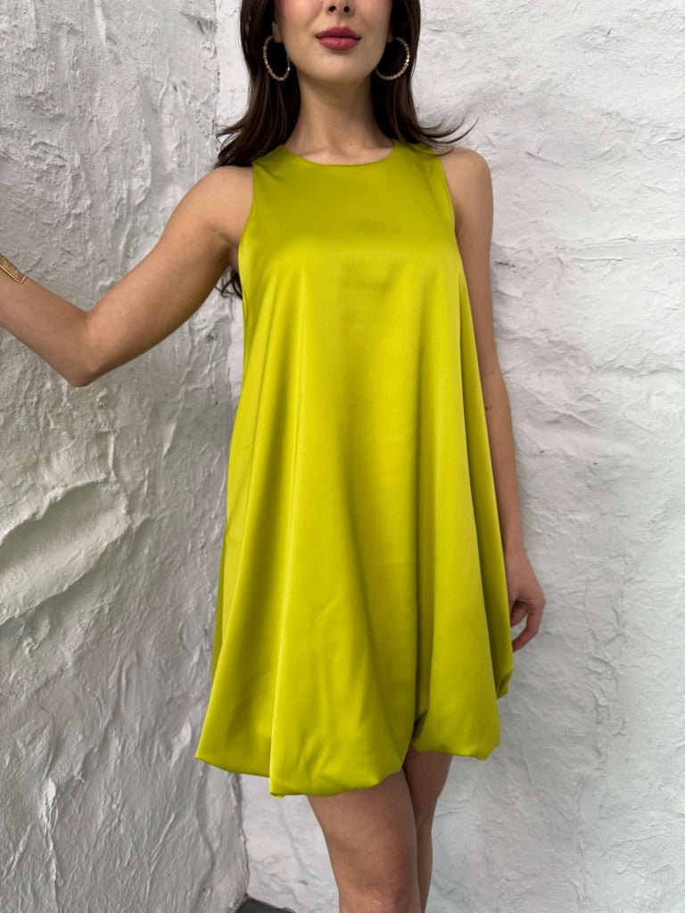 Olive Etek Ucu Balon Detaylı Saten Elbise 70303-OLİVE