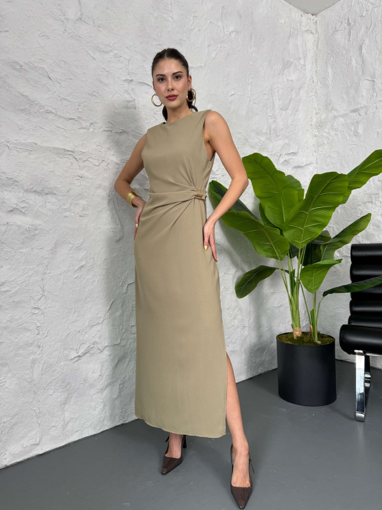 Vizon Toka Detaylı Elbise 3269-Vizon