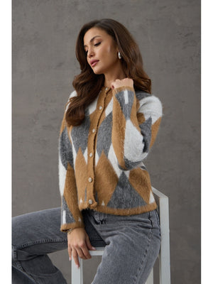 Kahverengi Düğmeli Baklava Desen Hırka EY-0031-Kahverengi