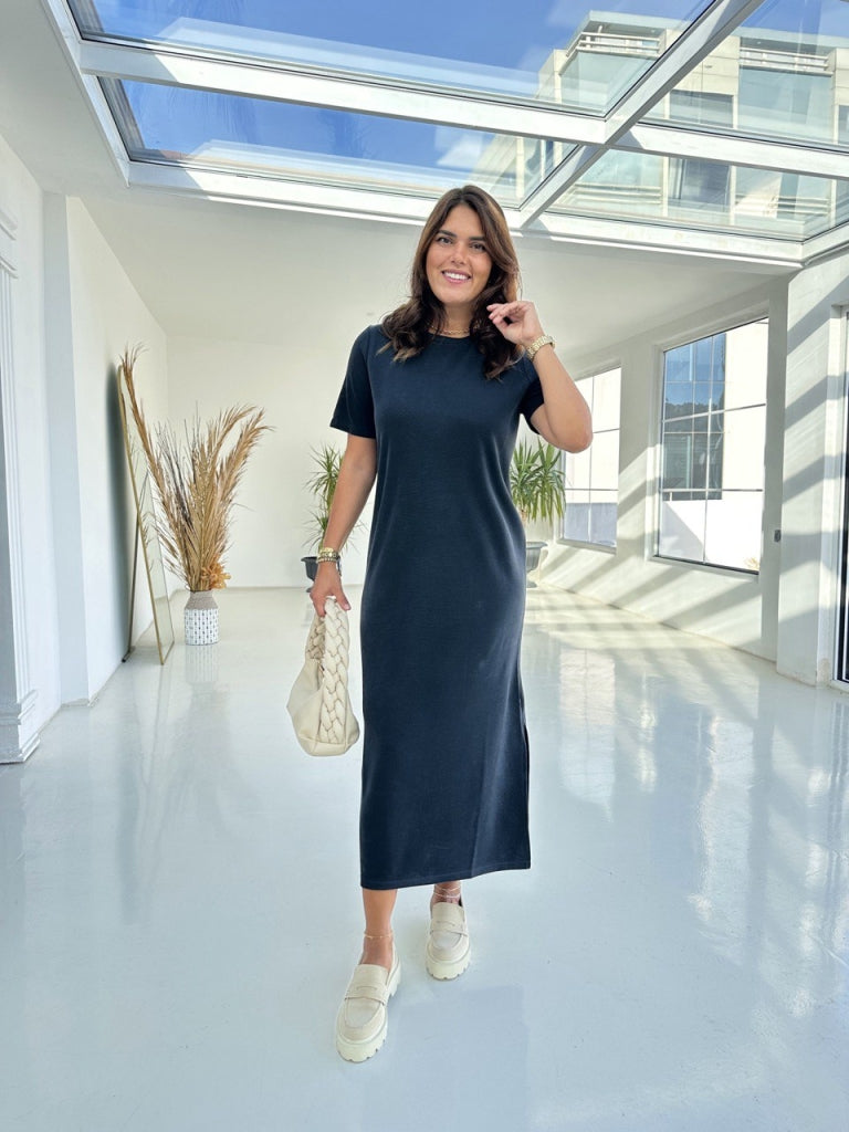 Füme Kısa Kollu Petek Elbise 31443-FÜME