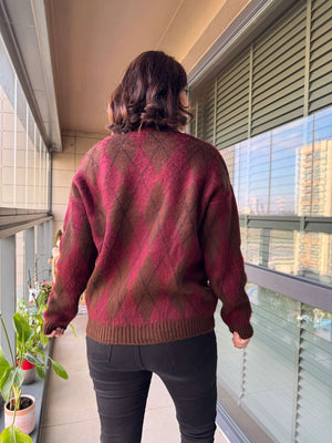 Bordo Kahverengi Baklava Desenli Kazak EY0088-Bordo Kahve