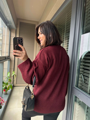 Bordo Dik Yaka Oversize Kazak 2326-Bordo