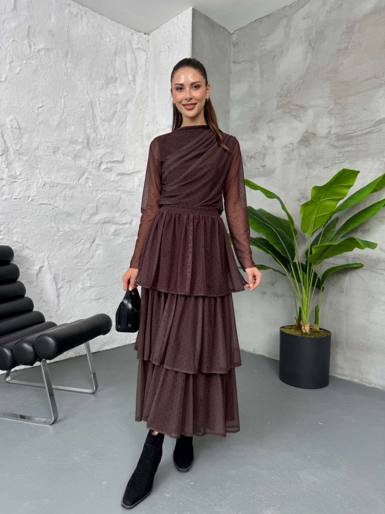 Kahverengi Puantiyeli Maxi Kat Kat Etek 103008-KAHVERENGİ