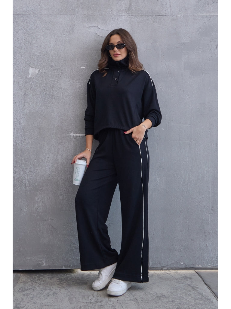 Siyah Yan Şeritli Biyeli Modal Takım 137-Siyah