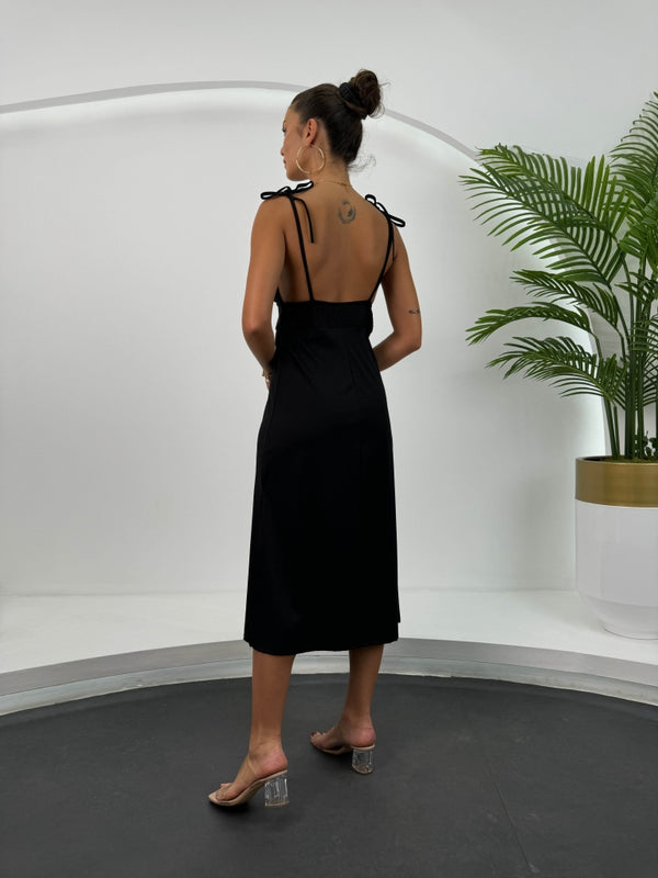 Siyah İp Askı Bağlamalı Elbise 28865-Siyah