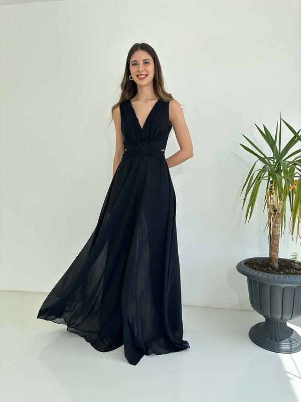 Siyah Kemer Detaylı Abiye Tulum 1300-Siyah