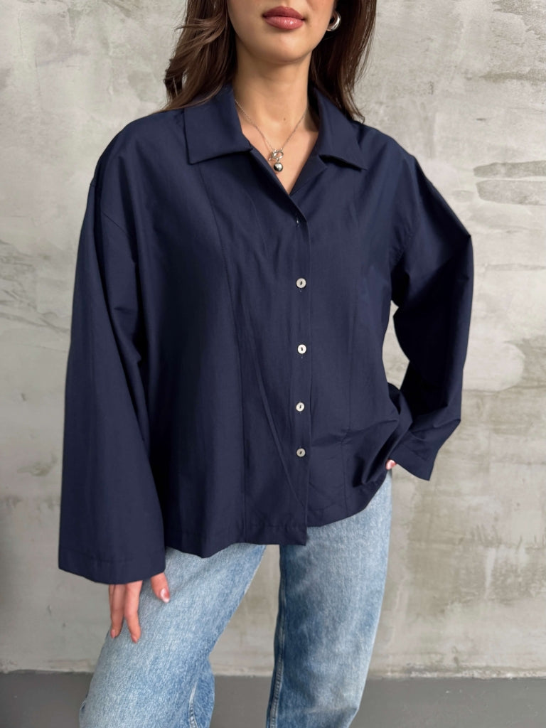 Lacivert Geniş Kol Oversize Gömlek 4952-LACİVERT