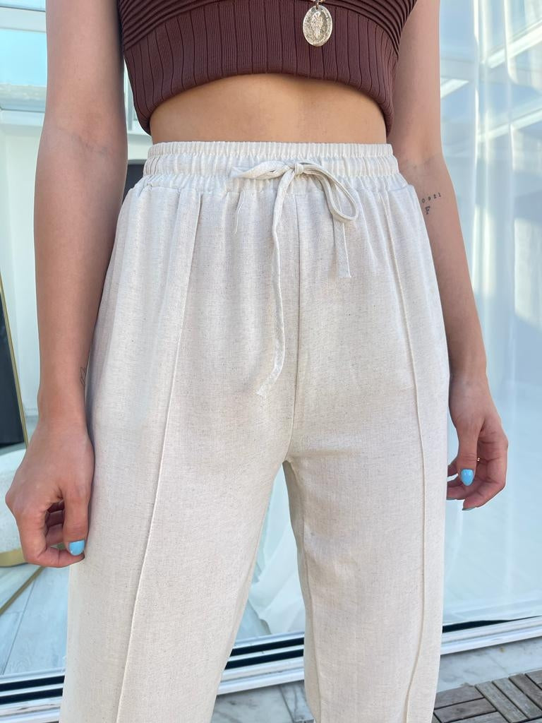 Taş Paçası Lastikli Keten Pantolon 58113-Taş