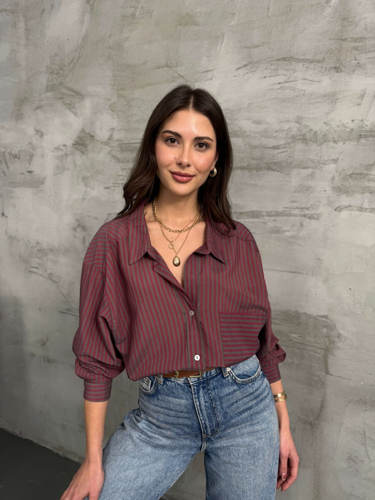 Bordo Gri Çizgili Oversize Gömlek 4940-Bordo Gri