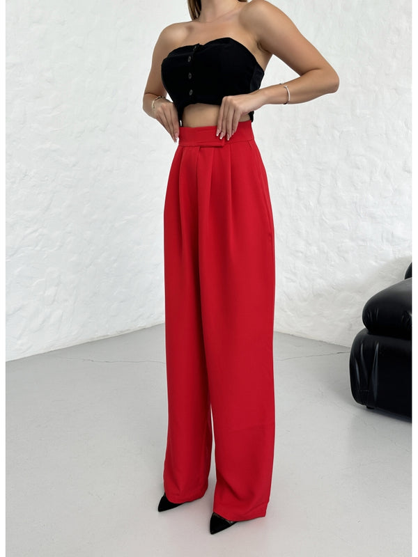Kırmızı Beli Pileli Tasarım Pantolon EY-1121-Kırmızı