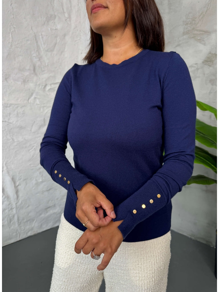 Lacivert Kolu Düğmeli Basic Triko Bluz 2246-Lacivert
