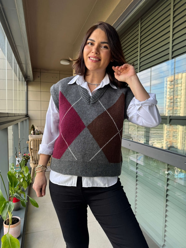 Gri V Yaka Baklava Desen Süveter 2344-Gri