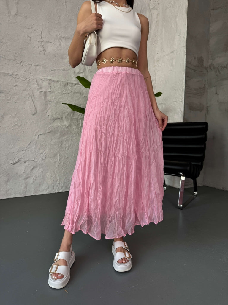 Perry Pembe Kırışık Uzun Etek 3207-Pembe