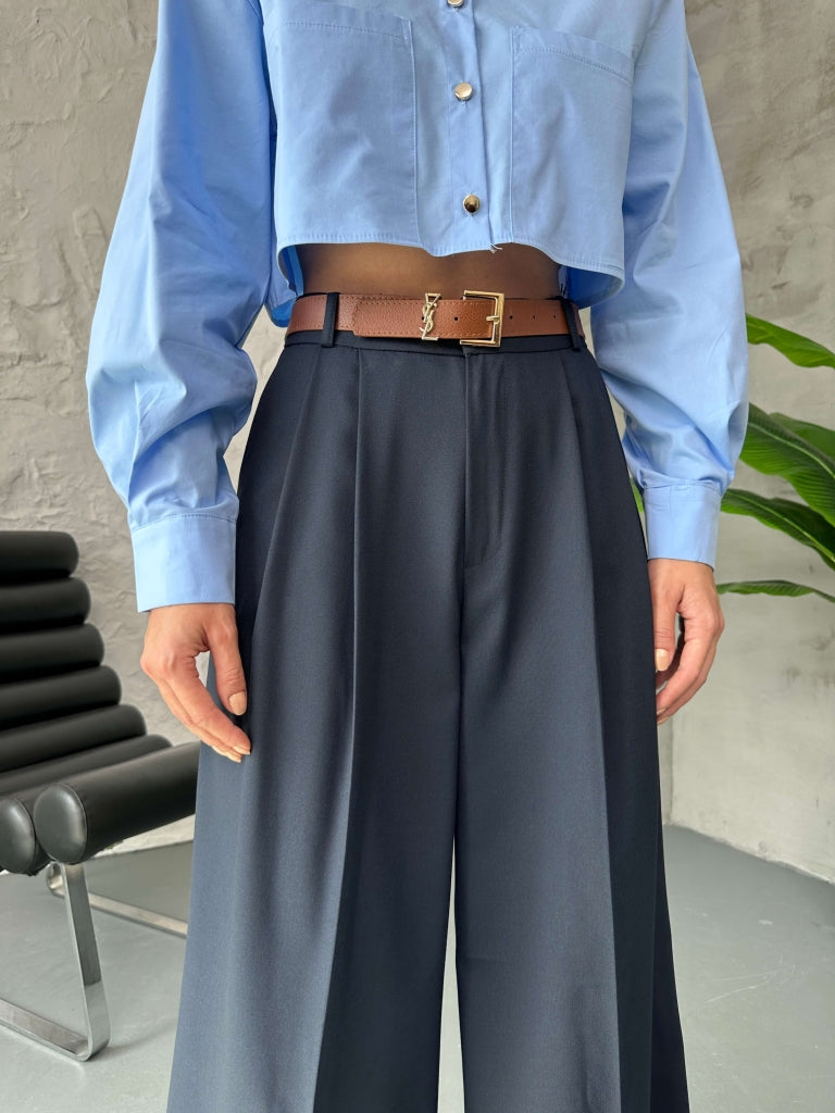 Lacivert Bel Pilili Palazzo Pantolon 50997-LACİVERT